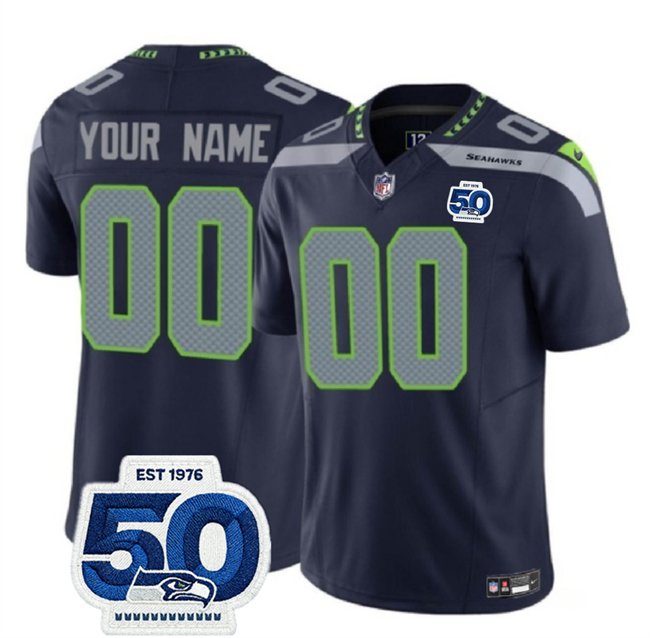 Navy Seattle Seahawks Active Player Custom 2025 F.U.S.E. 50th Anniversary Patch Vapor Untouchable Limited Stitched Football Jersey - SSR44