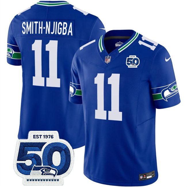 Royal Seattle Seahawks #11 Jaxon Smith-Njigba 2025 F.U.S.E 50th Anniversary Patch Throwback Vapor Limited Stitched Football Jersey - SSR48