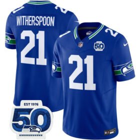 Royal Seattle Seahawks #21 Devon Witherspoon 2025 F.U.S.E 50th Anniversary Patch Throwback Vapor Limited Stitched Football Jersey - SSR56