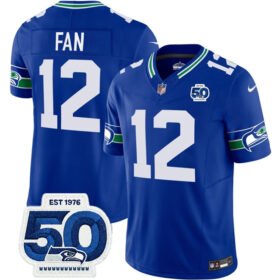 Royal Seattle Seahawks #12 Fan 2025 F.U.S.E 50th Anniversary Patch Throwback Vapor Limited Stitched Football Jersey - SSR06