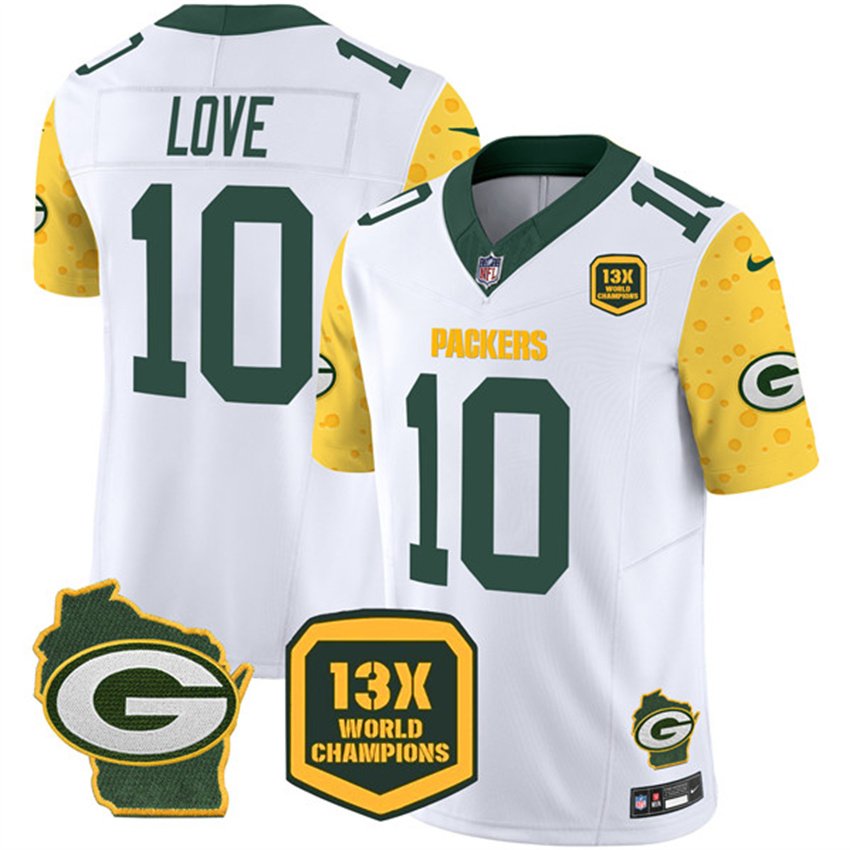 Cheese White Green Bay Packers #10 Jordan Love 2024 F.U.S.E. 13 Time World Champions And Home Patch Vapor Untouchable Limited Stitched Football Jersey - GBJ307