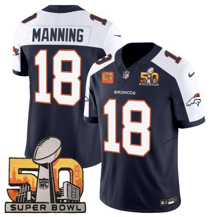 Navy/White Denver Broncos #18 Peyton Manning 2024 F.U.S.E. With Super Bowl 50 Patch And 4-star C Patch Vapor Limited Stitched Football Jersey