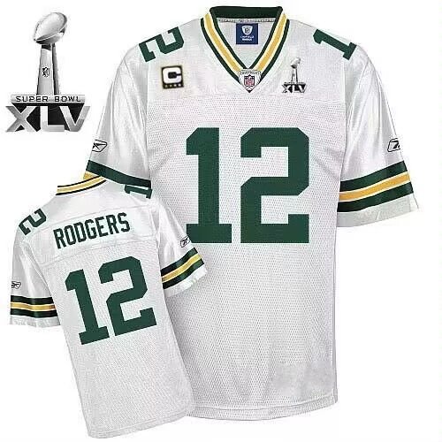 White Green Bay Packers #12 Aaron Rodgers With Super Bowl XLV And C Patch Stitched Football Jersey - GBJ574