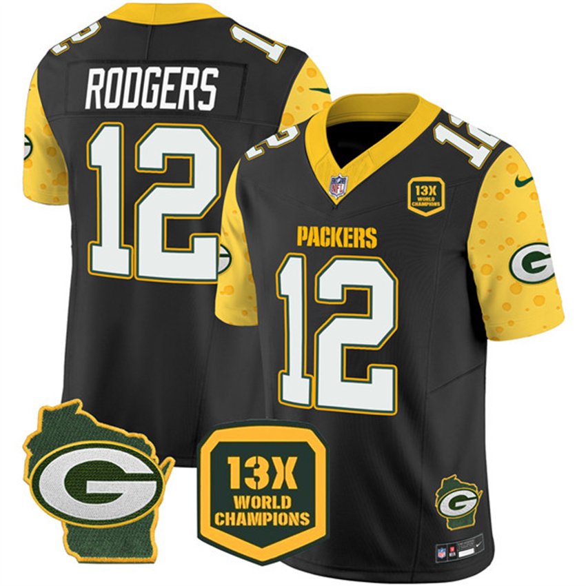 Cheese Black Green Bay Packers #12 Aaron Rodgers 2024 F.U.S.E. 13 Time World Champions And Home Patch Vapor Untouchable Limited Stitched Football Jersey - GBJ122