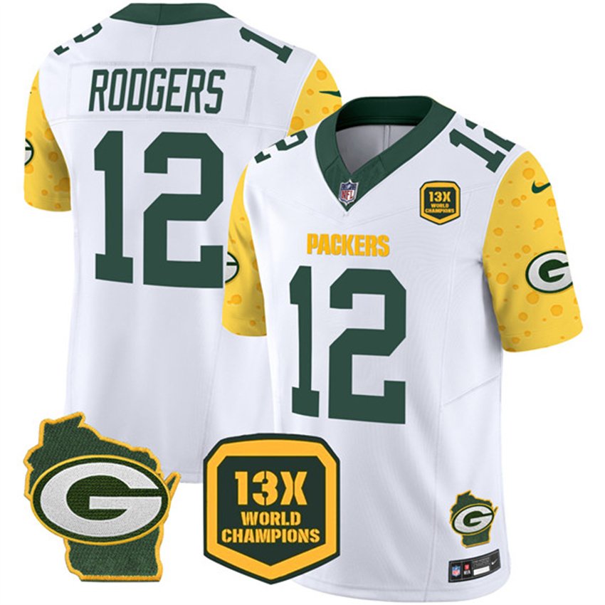 Cheese White Green Bay Packers #12 Aaron Rodgers 2024 F.U.S.E. 13 Time World Champions And Home Patch Vapor Untouchable Limited Stitched Football Jersey - GBJ313