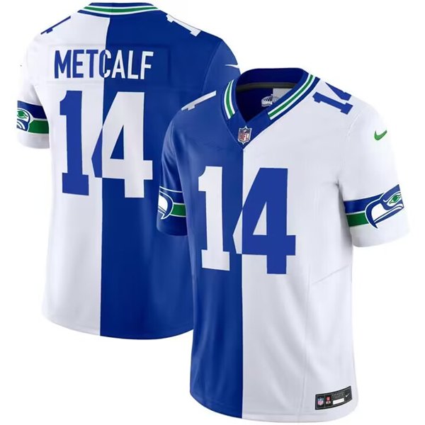 Royal/White Seattle Seahawks #14 D.K. Metcalf Split 2023 F.U.S.E. Throwback Vapor Limited Stitched Football Jersey