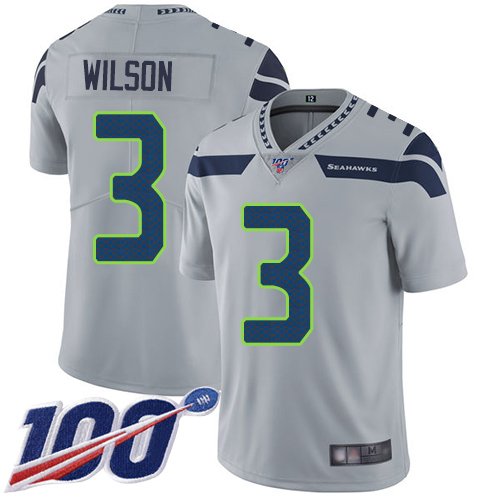 Nike Seahawks #3 Russell Wilson Grey Alternate Stitched NFL 100th Season Vapor Limited Jersey