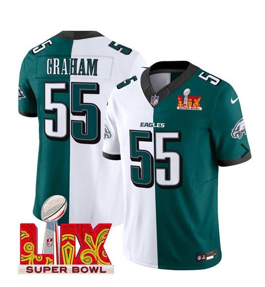 White/Green Philadelphia Eagles #55 Brandon Graham Split 2025 Super Bowl LIX Patch F.U.S.E. Vapor Untouchable Limited Stitched Football Jersey - PEL167