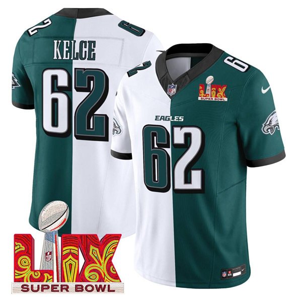 White/Green Philadelphia Eagles #62 Jason Kelce Split 2025 Super Bowl LIX Patch F.U.S.E. Vapor Untouchable Limited Stitched Football Jersey - PEL207