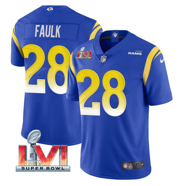 Royal Los Angeles Rams #28 Marshall Faulk 2022 Super Bowl LVI Vapor Limited Stitched Jersey - LAR490