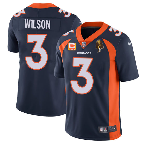 Navy Denver Broncos #3 Russell Wilson With C Patch & Walter Payton Patch Vapor Untouchable Limited Stitched Jersey