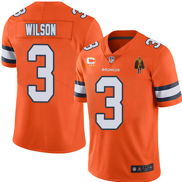 Orange Denver Broncos #3 Russell Wilson With C Patch & Walter Payton Patch Limited Stitched Jersey