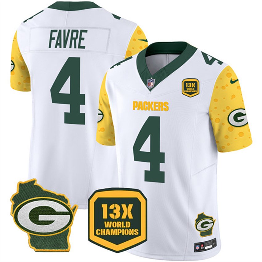 Cheese White Green Bay Packers #4 Brett Favre 2024 F.U.S.E. 13 Time World Champions And Home Patch Vapor Untouchable Limited Stitched Football Jersey - GBJ587