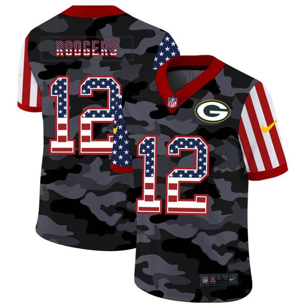 Green Bay Packers Black #12 Aaron Rodgers 2020 Camo USA Flag Limited Stitched Jersey - GBJ404