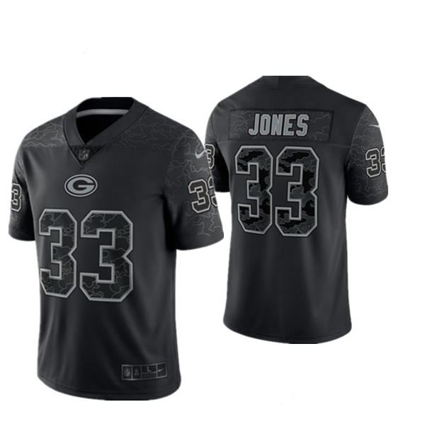 Black Green Bay Packers #33 Aaron Jones Reflective Limited Stitched Football Jersey - GBJ451