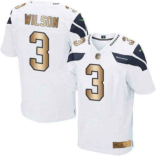Nike Seahawks #3 Russell Wilson White Stitched NFL Elite Gold Jersey