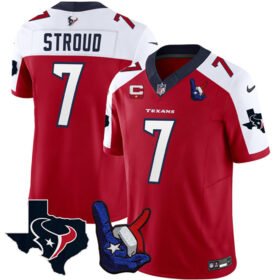 Red/White Houston Texans #7 C.J. Stroud 2023 F.U.S.E. With 1-Star C And Hand Sign Throwing Up The H Patch Vapor Untouchable Limited Stitched Football Jersey - HTJ162