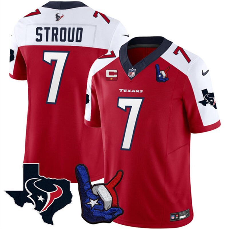 Red/White Houston Texans #7 C.J. Stroud 2023 F.U.S.E. With 1-Star C And Hand Sign Throwing Up The H Patch Vapor Untouchable Limited Stitched Football Jersey - HTJ162