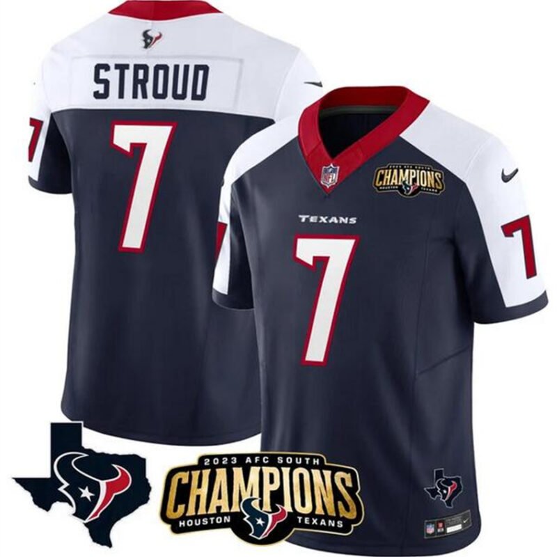 Navy/White Houston Texans #7 C.J. Stroud 2023 F.U.S.E. AFC South Champions Patch And Team Logo Patch Vapor Untouchable Limited Stitched Football Jersey - HTJ65