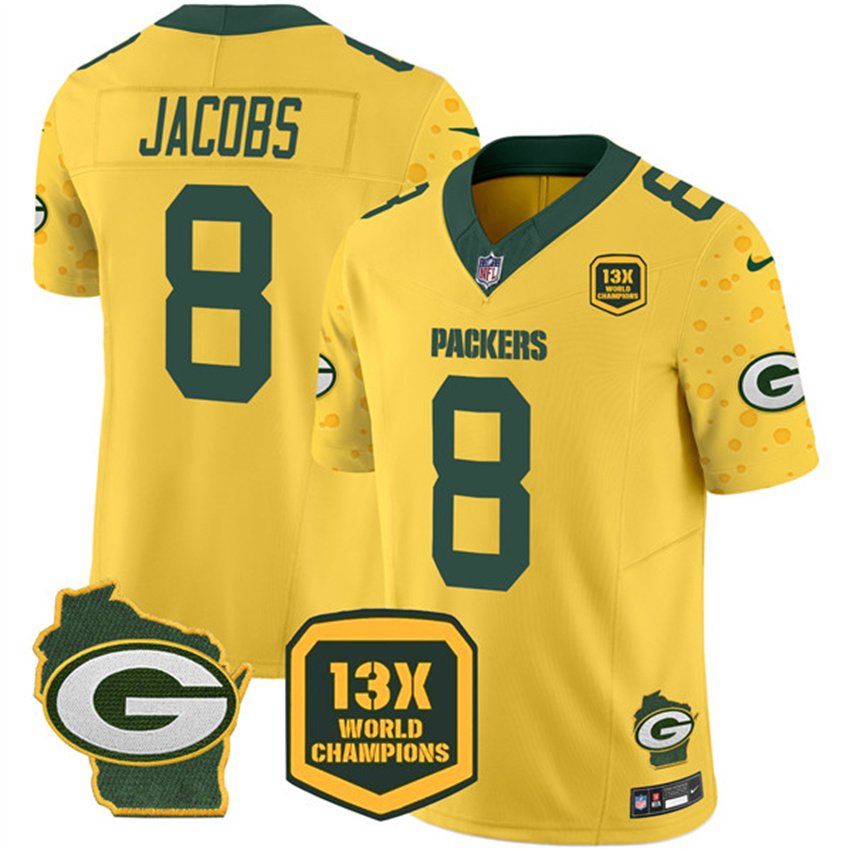 Cheese Gold Green Bay Packers #8 Josh Jacobs 2024 F.U.S.E. 13 Time World Champions And Home Patch Vapor Untouchable Limited Stitched Football Jersey - GBJ186