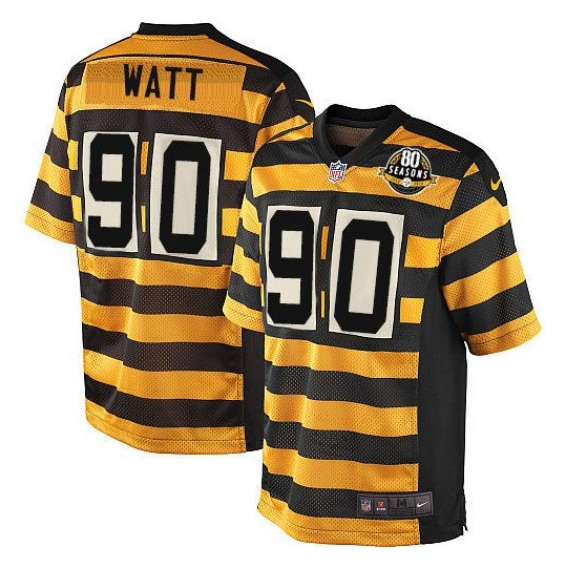 Yellow/Black Pittsburgh Steelers #90 T. J. Watt Alternate 80TH Anniversary Throwback Stitched Jersey - PSJ393