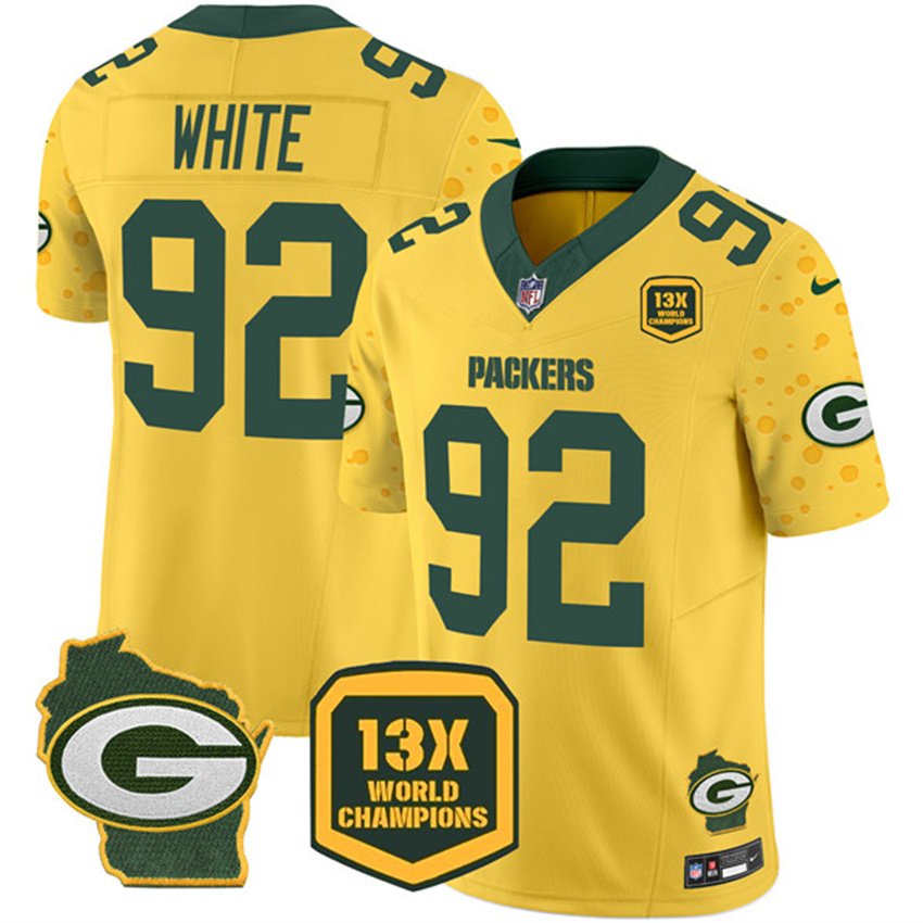 Cheese Gold Green Bay Packers #92 Reggie White 2024 F.U.S.E. 13 Time World Champions And Home Patch Vapor Untouchable Limited Stitched Football Jersey - GBJ147