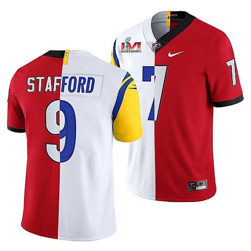 Los Angeles Rams X Georgia Bulldogs Red/White #9 Matthew Stafford Split Super Bowl LVI Stitched Jersey - LAR577
