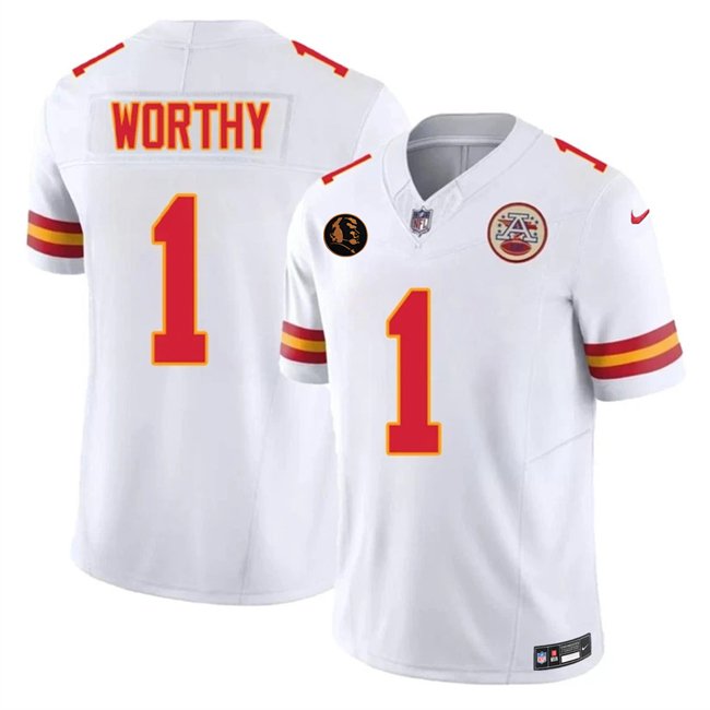 White Kansas City Chiefs #1 Xavier Worthy 2025 F.U.S.E. John Madden Patch Vapor Untouchable Limited Stitched Football Jersey - KCJ66