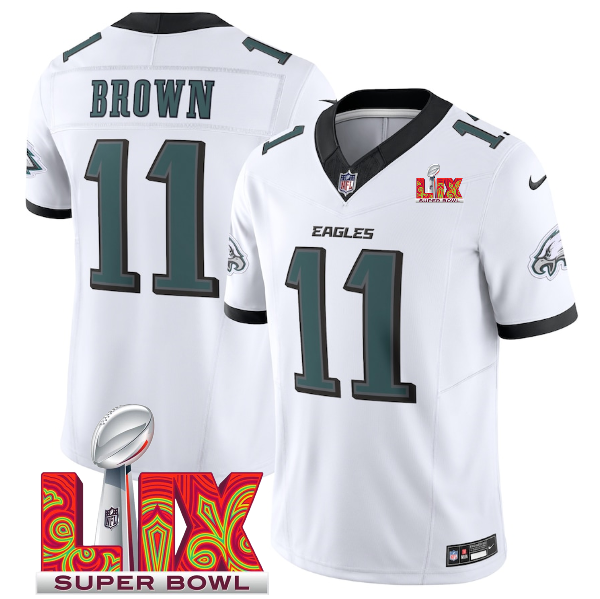 White Philadelphia Eagles #11 A.J. Brown 2025 Super Bowl LIX Patch F.U.S.E. Vapor Limited Stitched Football Jersey - PEL249