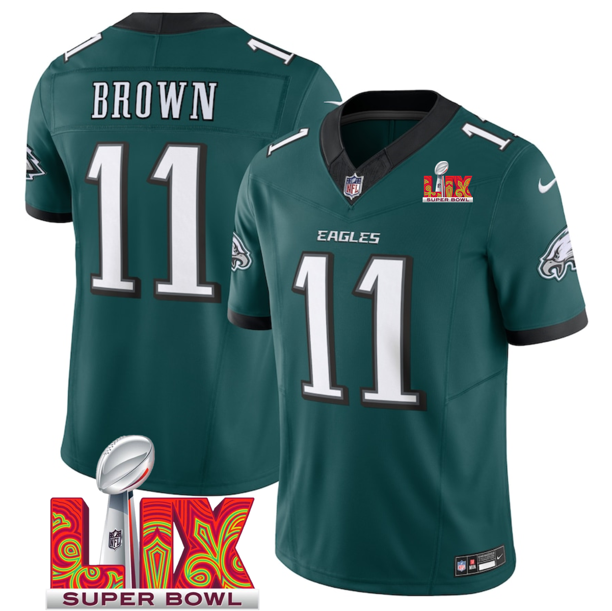 Green Philadelphia Eagles #11 A.J. Brown 2025 Super Bowl LIX Patch F.U.S.E. Vapor Limited Stitched Football Jersey - PEL91