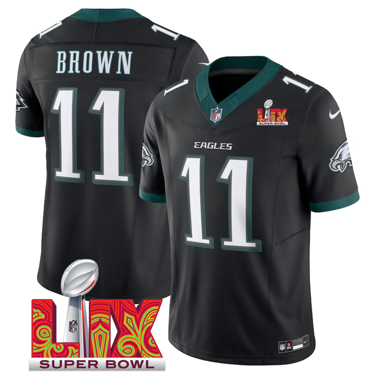 Black Philadelphia Eagles #11 A.J. Brown 2025 Super Bowl LIX Patch F.U.S.E. Vapor Limited Stitched Football Jersey - PEL160