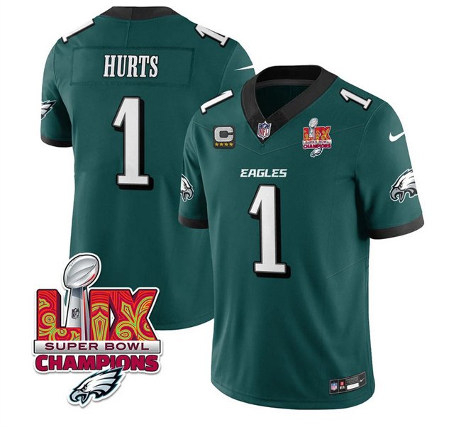 Green Philadelphia Eagles #1 Jalen Hurts 2025 Eagles Logo Super Bowl LIX Patch With 4-Star C Patch New F.U.S.E. Vapor Untouchable Limited Stitched Football Jersey - PEL92