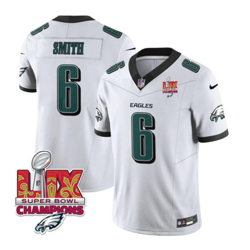 White Philadelphia Eagles #6 DeVonta Smith 2025 Eagles Logo Super Bowl LIX Patch New F.U.S.E. Vapor Untouchable Limited Stitched Football Jersey - PEL103