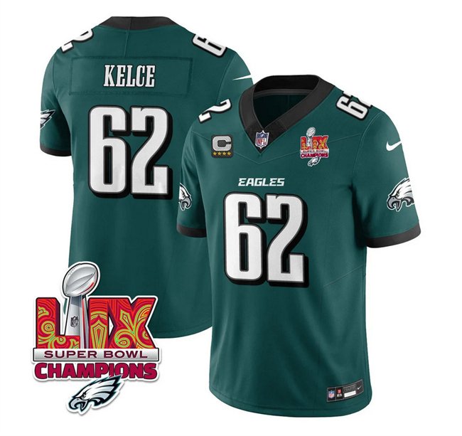 Green Philadelphia Eagles #62 Jason Kelce 2025 Eagles Logo Super Bowl LIX Patch And 4-Star C Patch New F.U.S.E. Vapor Limited Stitched Football Jersey - PEL45