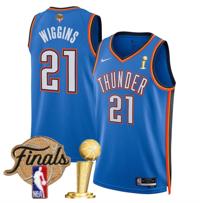 Blue Oklahoma City Thunder #21 Aaron Wiggins 2025 Finals Patch And Finals Champions Patch Icon Edition Stitched Basketball Jersey - OKC31