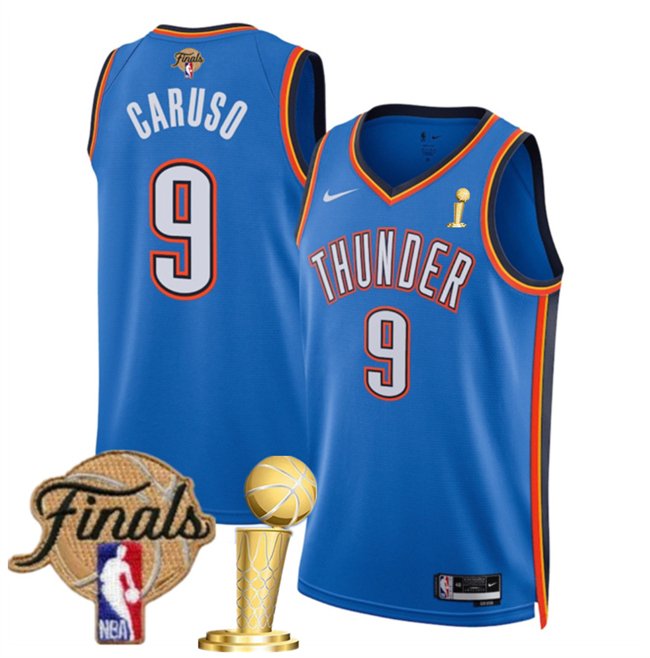 Blue Oklahoma City Thunder #9 Alex Caruso 2025 Finals Patch And Finals Champions Patch Icon Edition Stitched Basketball Jersey - OKC11