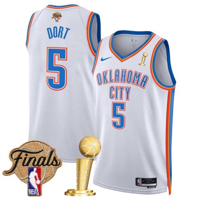 White Oklahoma City Thunder #5 Luguentz Dort 2025 Finals Patch And Finals Champions Patch Association Edition Stitched Basketball Jersey - OKC68