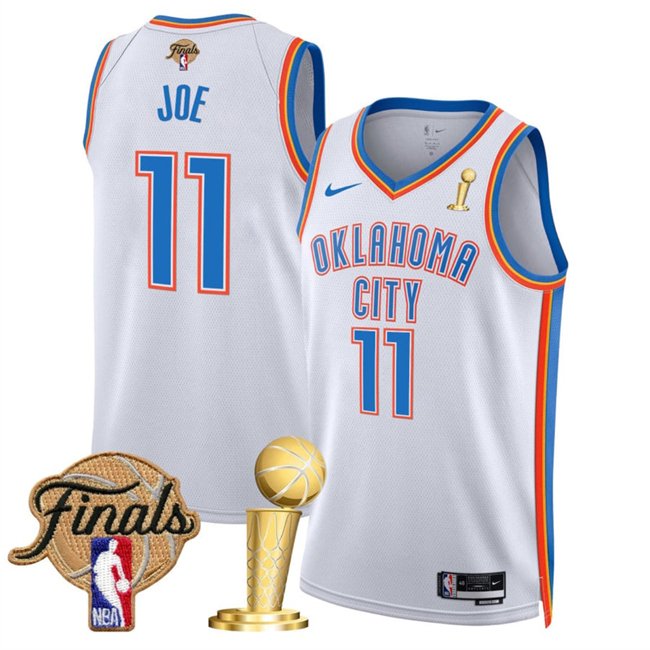 White Oklahoma City Thunder #11 Isaiah Joe 2025 Finals Patch And Finals Champions Patch Association Edition Stitched Basketball Jersey - OKC111