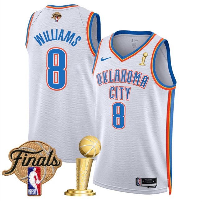 White Oklahoma City Thunder #8 Jalen Williams 2025 Finals Patch And Finals Champions Patch Association Edition Stitched Basketball Jersey - OKC112