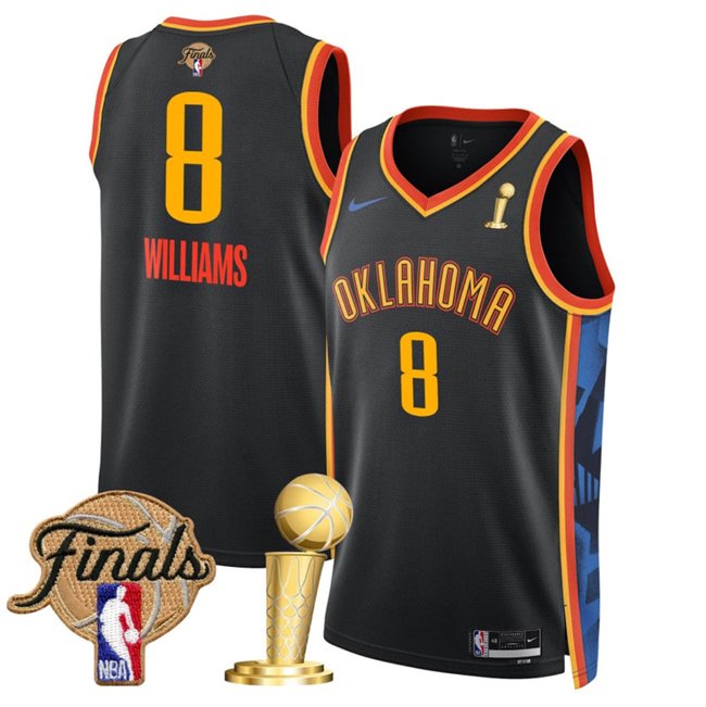 Black Oklahoma City Thunder #8 Jalen Williams 2025 Finals Patch And Finals Champions Patch City Edition Stitched Basketball Jersey - OKC48