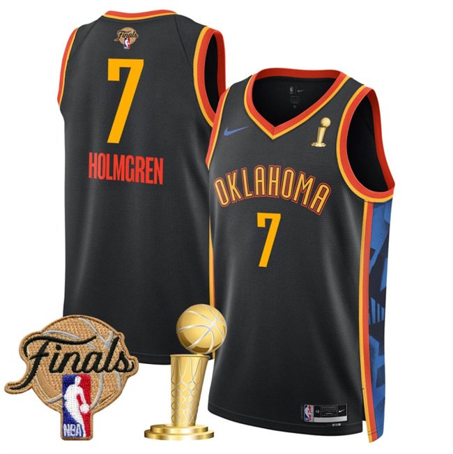 Black Oklahoma City Thunder #7 Chet Holmgren 2025 Finals Patch And Finals Champions Patch City Edition Stitched Basketball Jersey - OKC03