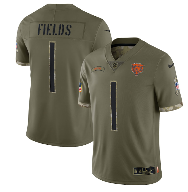 Chicago Bears #1 Justin Fields Olive 2022 Salute To Service Limited Stitched Jersey - CBJ427