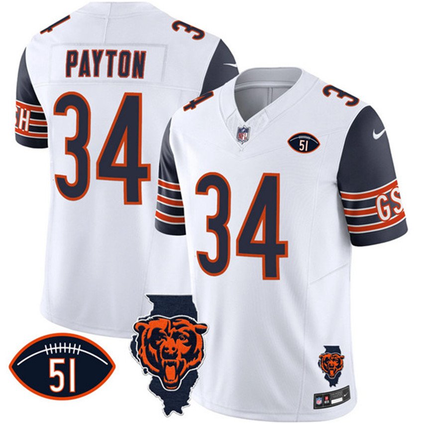 White/Navy Chicago Bears #34 Walter Payton F.U.S.E. With Illinois and No. 51 Patch Stitched Football Jersey - CBJ276