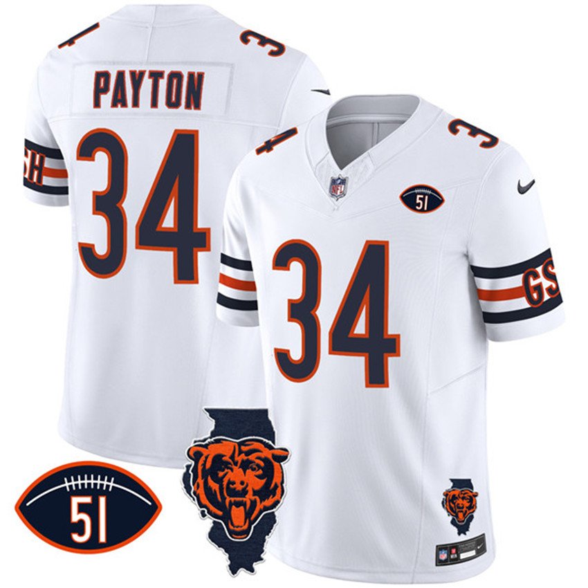 White Chicago Bears #34 Walter Payton F.U.S.E. With Illinois and No. 51 Patch Stitched Football Jersey - CBJ507