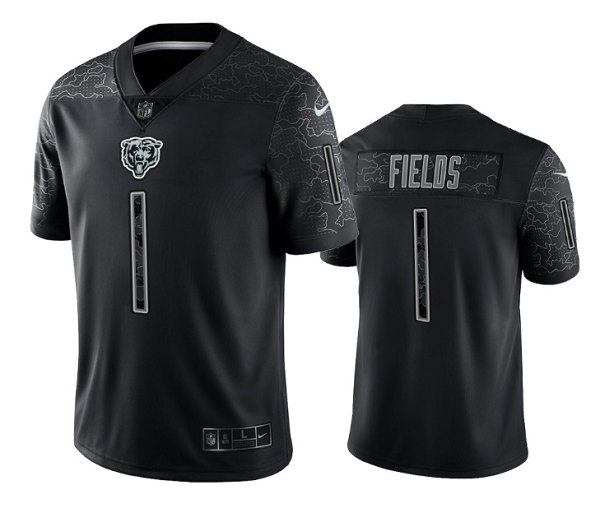 Black Chicago Bears #1 Justin Fields Reflective Limited Stitched Football Jersey - CBJ646