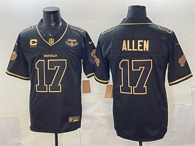 Black Gold Buffalo Bills #17 Josh Allen 2025 F.U.S.E. ìRivalriesî With Farewell Patch & 4-Star C Patch Vapor Limited Stitched Football Jersey - BBN30