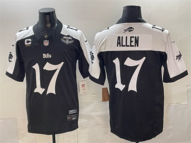 Black/White Buffalo Bills #17 Josh Allen 2025 F.U.S.E. 'Gothic Cold Front Edition' With Farewell Patch & 4-Star C Patch Vapor Limited Stitched Football Jersey - BBN60