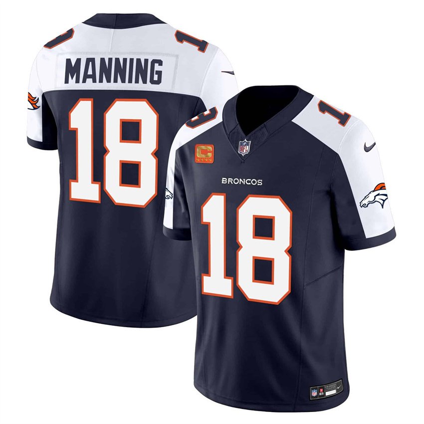 Navy Denver Broncos #18 Peyton Manning 2024 F.U.S.E. With 4-Star C Patch Vapor Limited Stitched Football Jersey