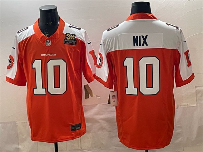 Orange Denver Broncos #10 Bo Nix 2024 F.U.S.E. With 3-Time Champions Patch Throwback Vapor Limited Alternate Stitched Football Jersey