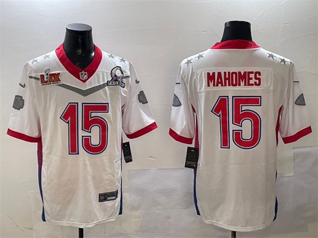 White Kansas City Chiefs #15 Patrick Mahomes 2025 Super Bowl LIX Patch Pro Bowl Vapor Limited Stitched Football Jersey - KCJ06